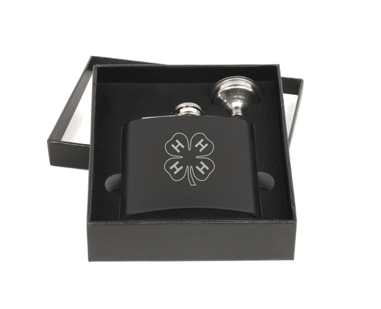Custom engraved stainless steel flask and funnel gift set with engraved 4-H logo of your choice. 4-H Logo Flask Set