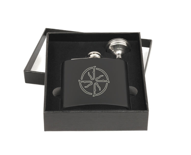 Custom engraved stainless steel flask and funnel gift set with engraved breed logo of your choice. Horse Flask Set