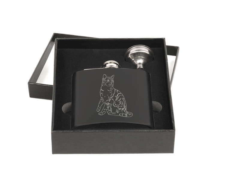 Personalized flask and funnel gift set with custom engraved cat design and text.