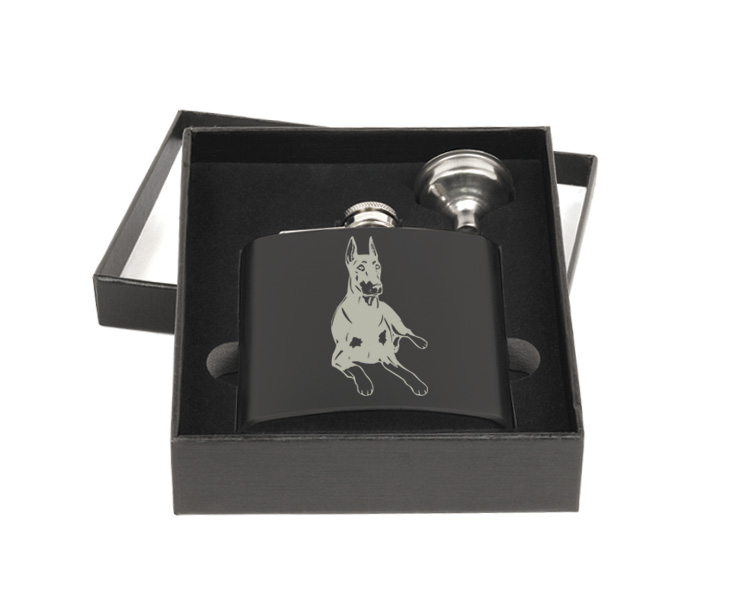 Personalized flask and funnel gift set with custom engraved Doberman dog design and text.Personalized flask and funnel gift set with custom engraved Doberman dog design and text. Doberman Flask Set