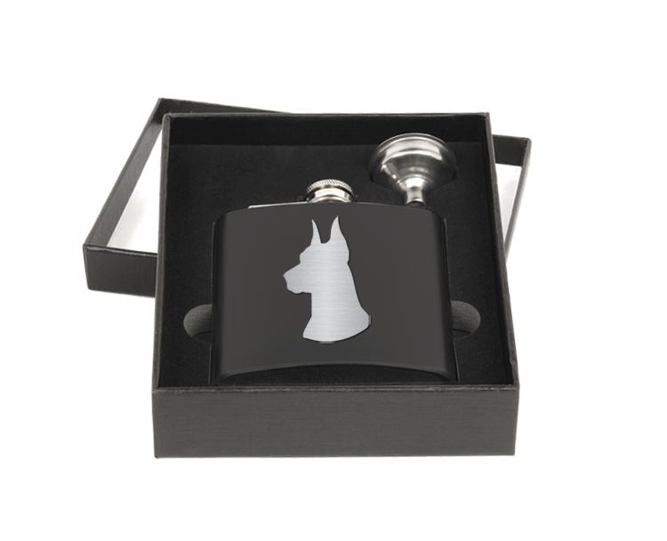 Personalized flask and funnel gift set with custom engraved Doberman dog design and text.Personalized flask and funnel gift set with custom engraved Doberman dog design and text. Doberman Flask Set