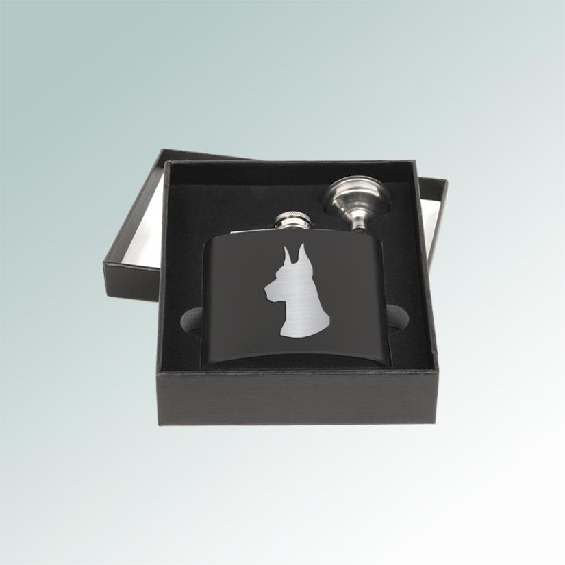 Custom engraved stainless steel doberman flask and funnel gift set with engraved doberman design of your choice. 25+ Doberman designs to choose from.