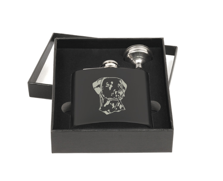 Personalized flask and funnel gift set with custom engraved dog design and text.