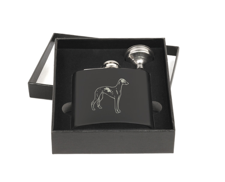 Personalized flask and funnel gift set with custom engraved dog design 3 and text.