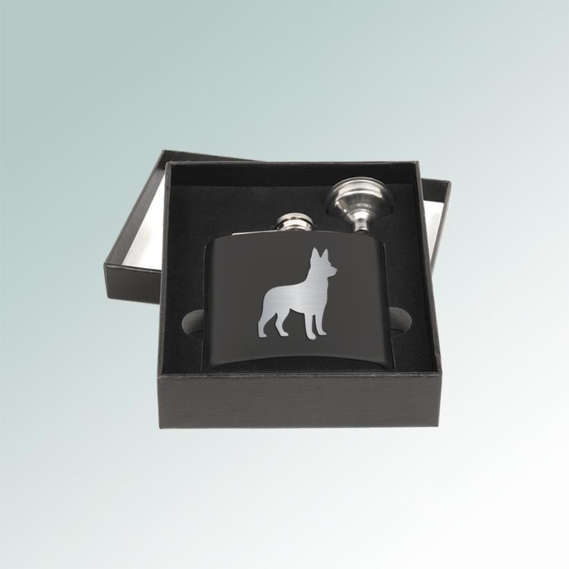 Custom engraved stainless steel dog breed flask and funnel gift set with engraved dog breed design of your choice. 100+ dog breeds to choose from.