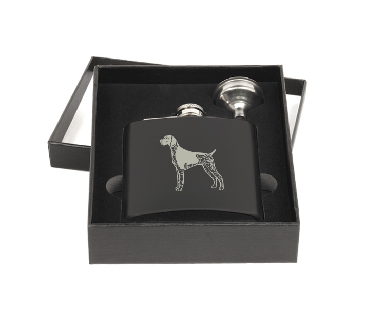 Personalized flask and funnel gift set with custom engraved sporting dog design and text.