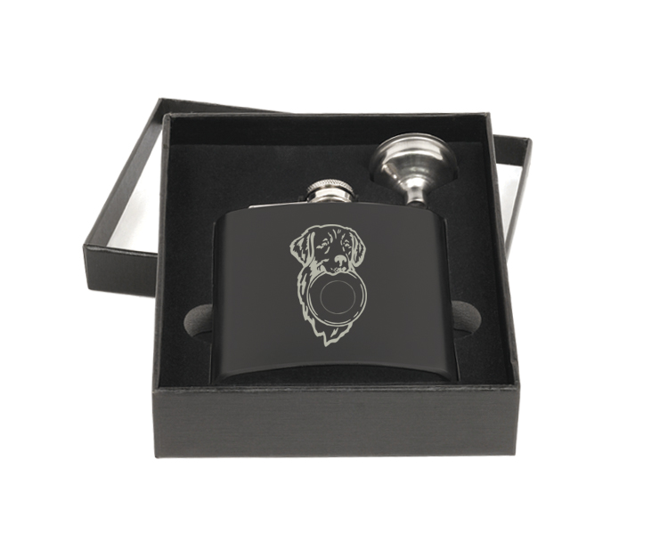 Personalized flask and funnel gift set with custom engraved Golden Retriever dog design and text.