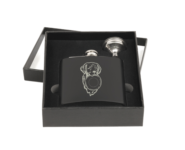 Personalized flask and funnel gift set with custom engraved Golden Retriever dog design and text. Golden Retriever Flask Set