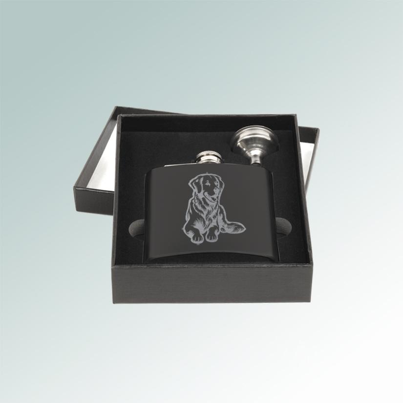 Custom stainless steel flask and funnel gift set with engraved Golden Retriever dog design of your choice. 0+ Golden Retriever designs to choose from.