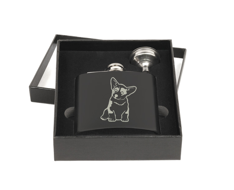 Personalized flask and funnel gift set with custom engraved Welsh Corgi design and text.