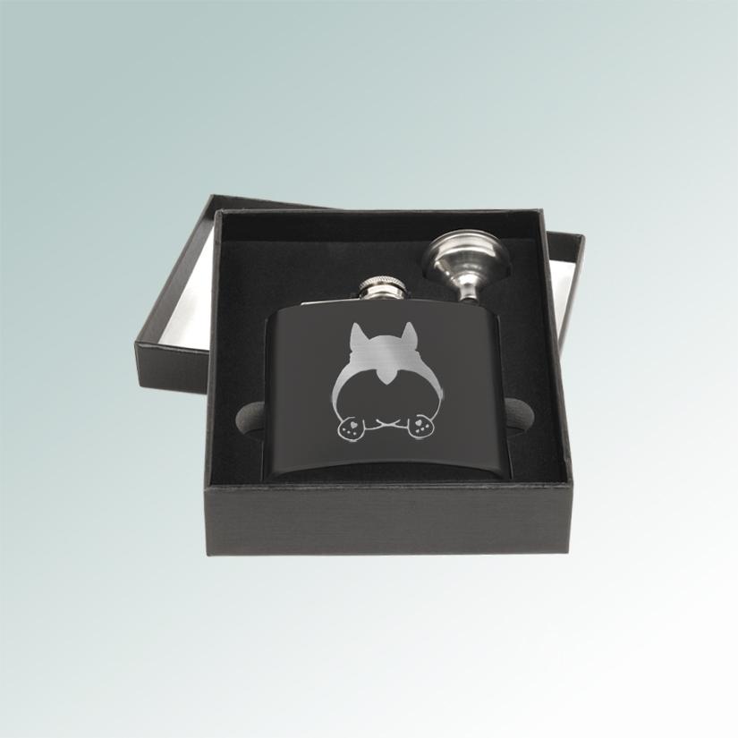 Custom engraved stainless steel corgi flask and funnel gift set with engraved Welsh Corgi design of your choice. 100+ corgi designs to choose from.