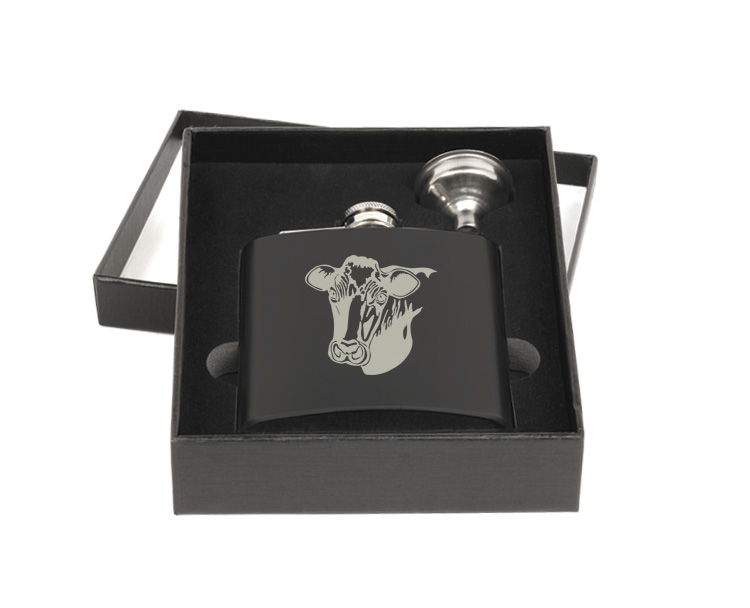 Custom engraved stainless steel flask and funnel gift set with engraved farm animal design of your choice. Farm Animal Flask Set