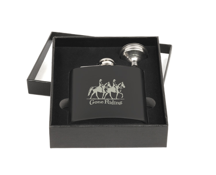 Custom engraved stainless steel flask and funnel gift set with engraved horse design 3 of your choice. Equestrian Flask Set