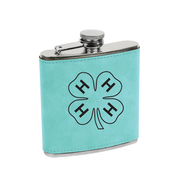 Leatherette wrapped stainless steel flask with personalized text and custom 4-H logo.