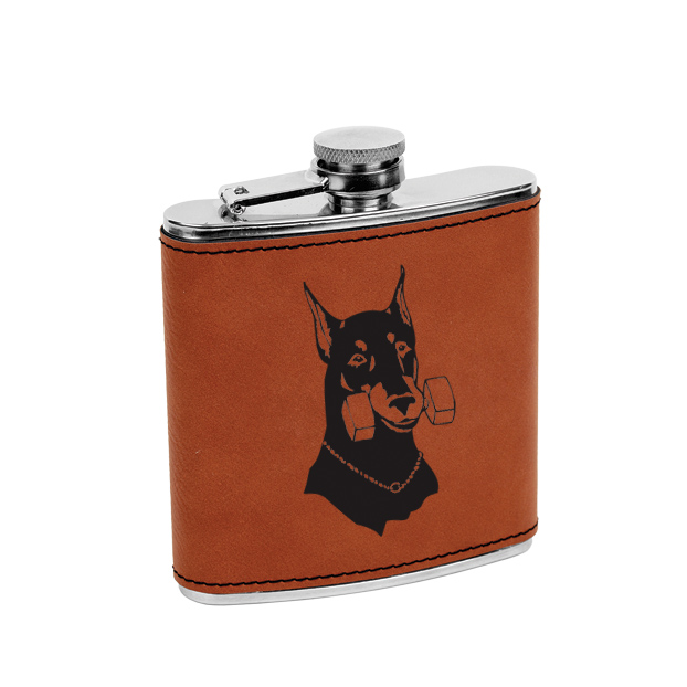 Leatherette & stainless steel custom engraved Doberman dog design flask.