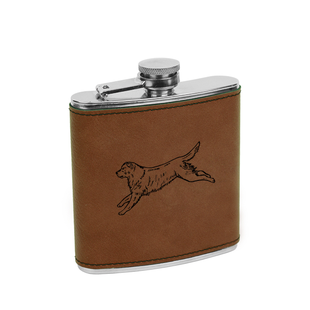 Leatherette & stainless steel custom engraved Golden Retriever dog design flask.