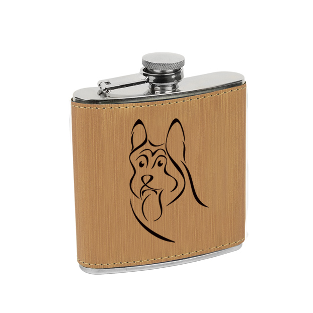 Personalized leatherette wrapped stainless steel 6 oz flask with engraved  dog design 2 of your choice. Dog Design Flask