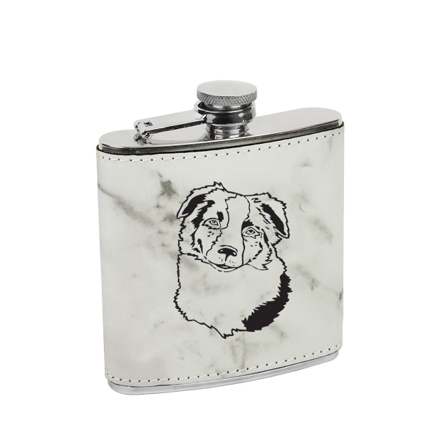 Leatherette & stainless steel custom engraved herding dog design flask.