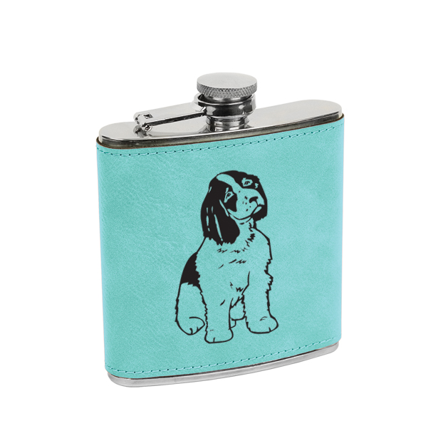 Leatherette & stainless steel custom engraved dog design 6 flask.