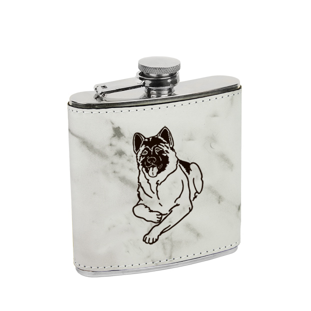 Personalized leatherette wrapped stainless steel 6 oz flask with engraved dog design 4 of your choice. Dog Design Flask