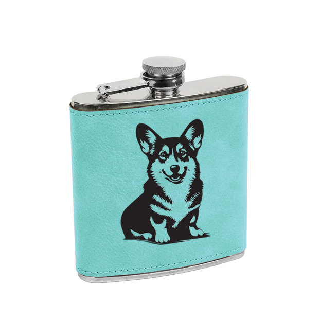 Personalized leatherette wrapped stainless steel 6 oz flask with engraved Welsh Corgi design of your choice. Corgi Flask