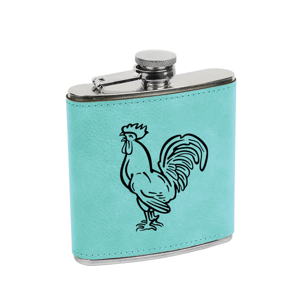 Leatherette wrapped stainless steel flask with personalized text and custom farm animal design.