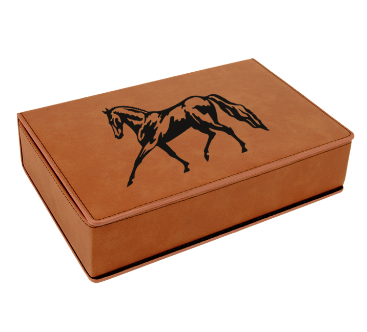 Leatherette wrapped stainless steel flask equestrian gift set with custom engraved horse design 2 of your choice.