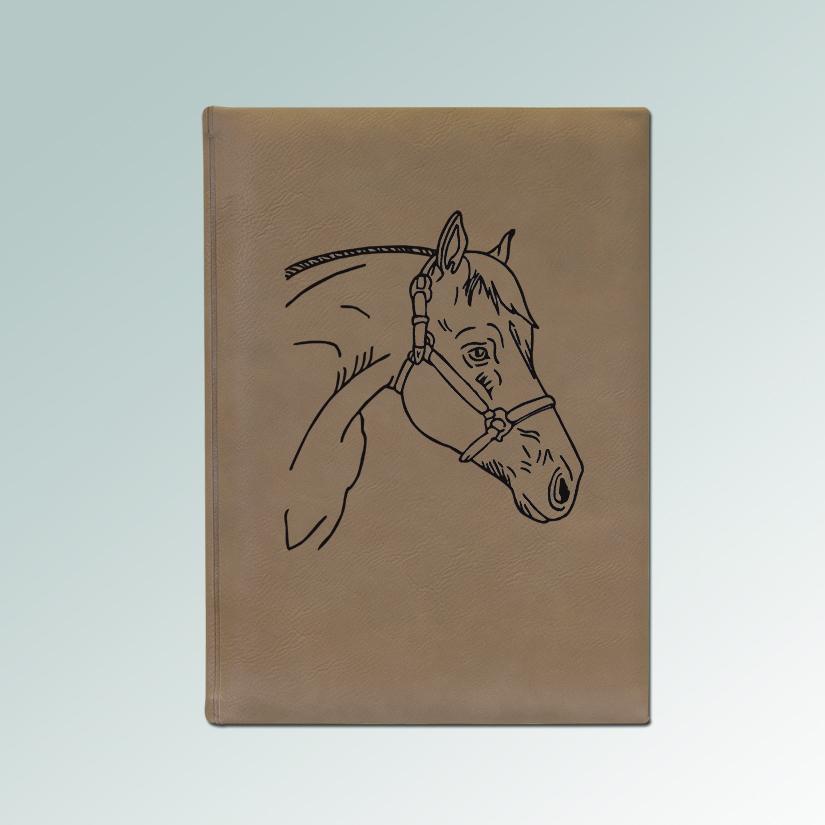 Custom engraved leatherette horse sketchbook with your choice of horse design and personalized text. 145+ horse designs to choose from.
