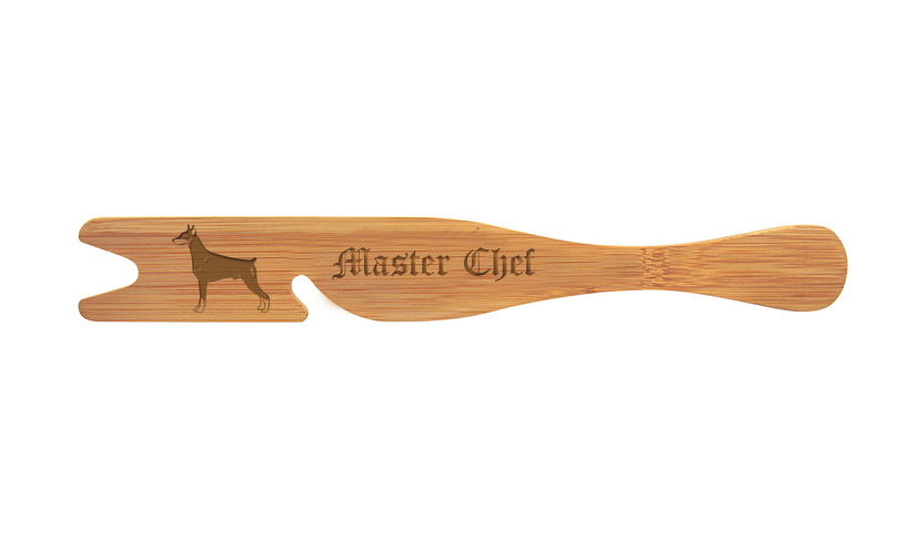 Personalized engraved bamboo oven rack tool with a Doberman design and custom text.
