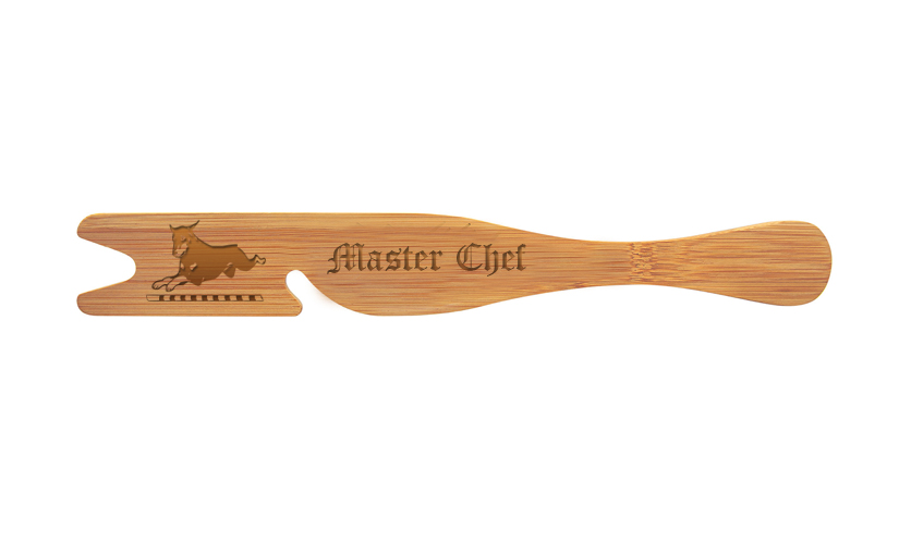 Personalized engraved bamboo oven rack tool with a dog design 2 and custom text. Dog Design Oven Tool