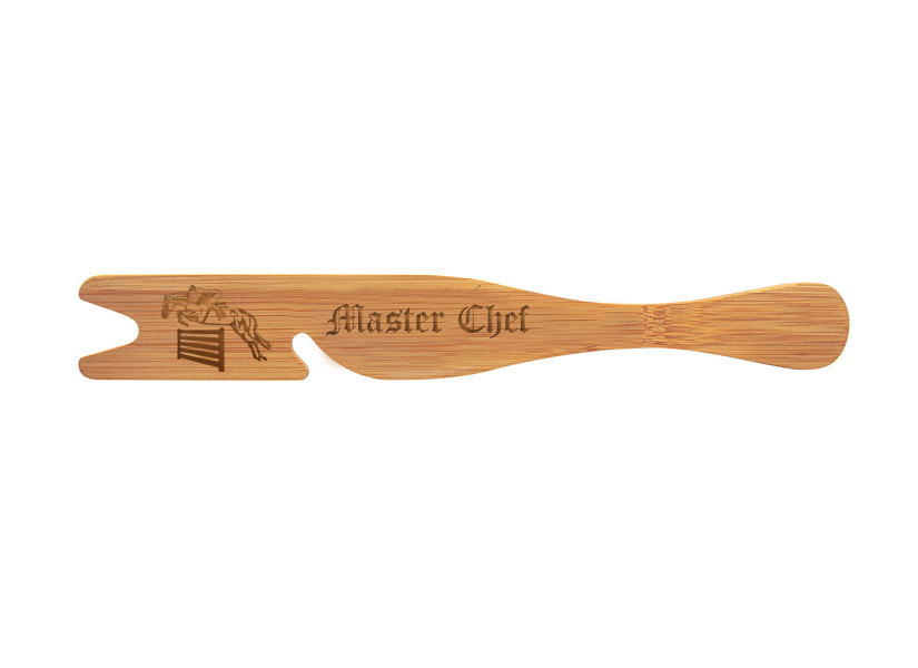 Personalized engraved bamboo oven rack tool with a horse design 2 and custom text.