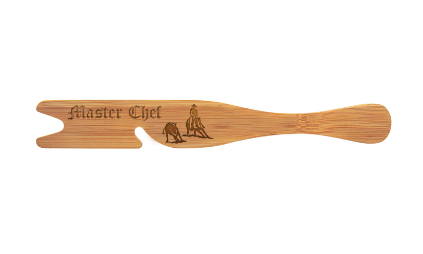 Personalized engraved bamboo oven rack tool with a rodeo design and custom text.