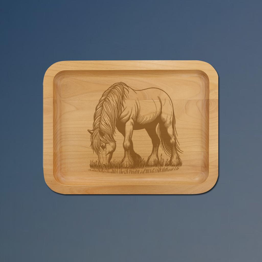 Alder wood horse tray with your choice of horse design and personalized text. 145+ horse designs to choose from.