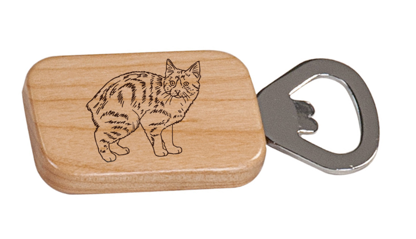 Laser engraved wood bottle opener with personalized engraved text and custom cat design.