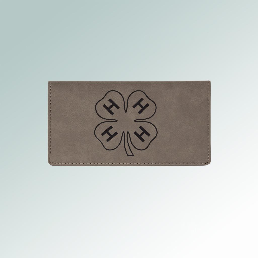 Personalized leatherette 4-H checkbook cover with custom engraved 4-H logo and text. 6+ 4-H logos to choose from.