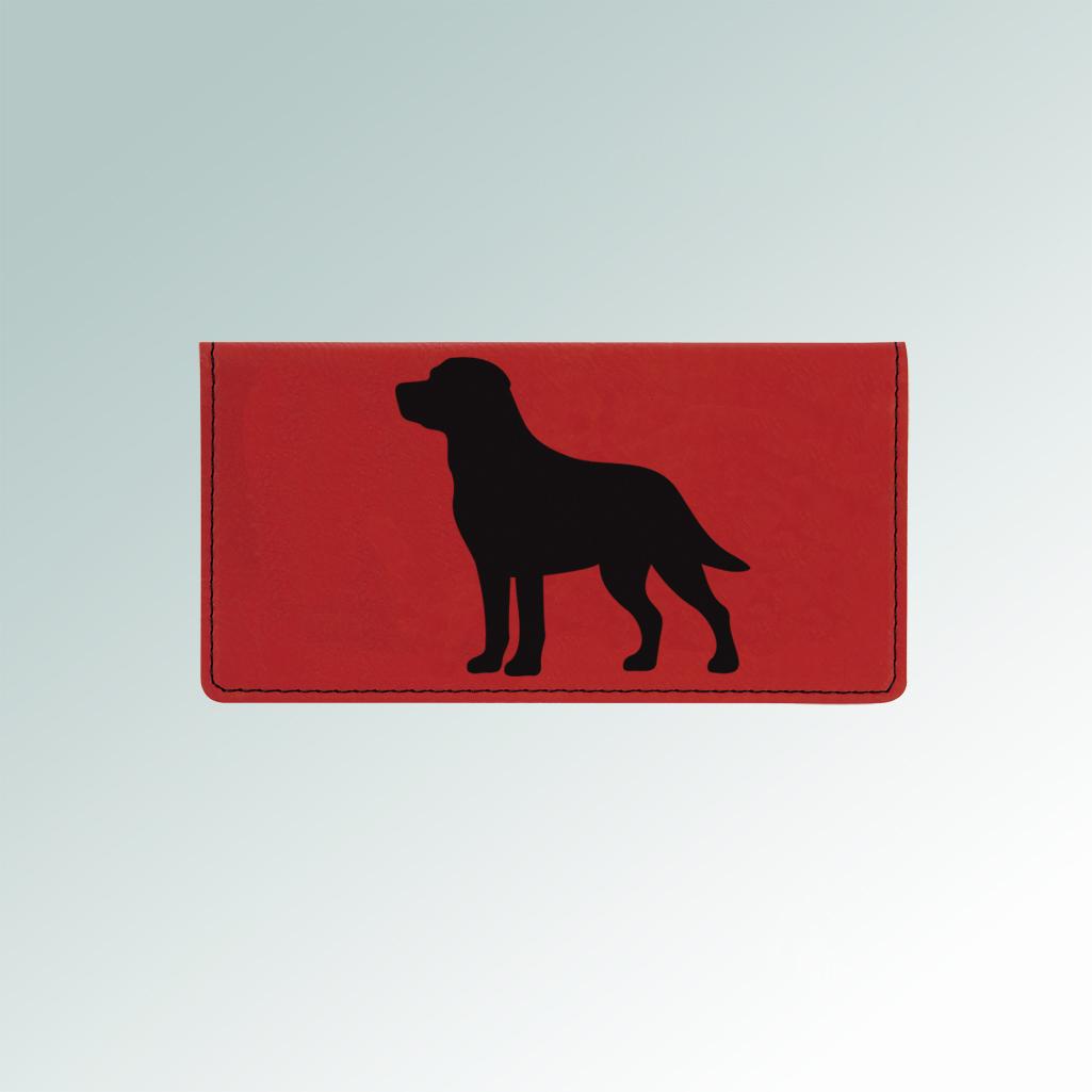 Personalized leatherette dog breed checkbook cover with a custom engraved dog breed design and text. 100+ dog breeds to choose from.
