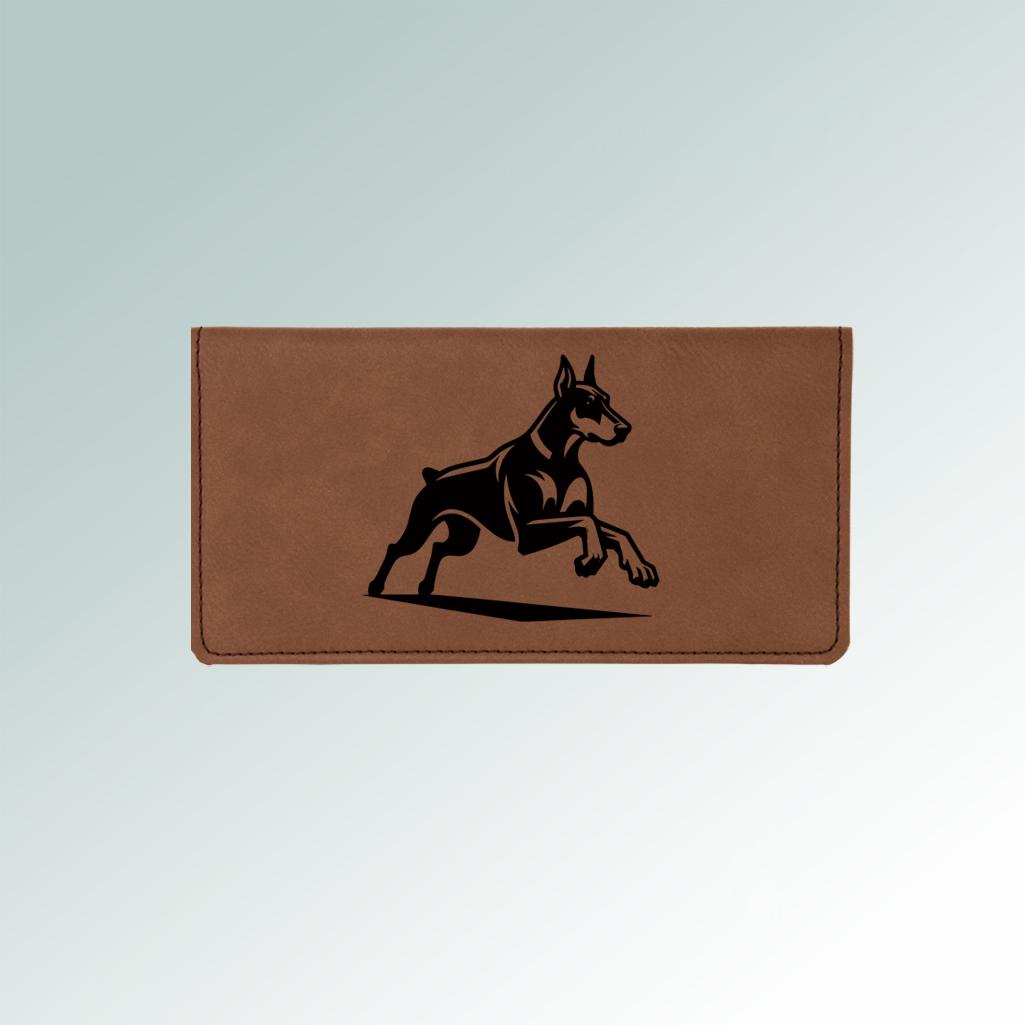 Personalized leatherette doberman checkbook cover with a custom engraved doberman design and text. 25+ Doberman designs to choose from.