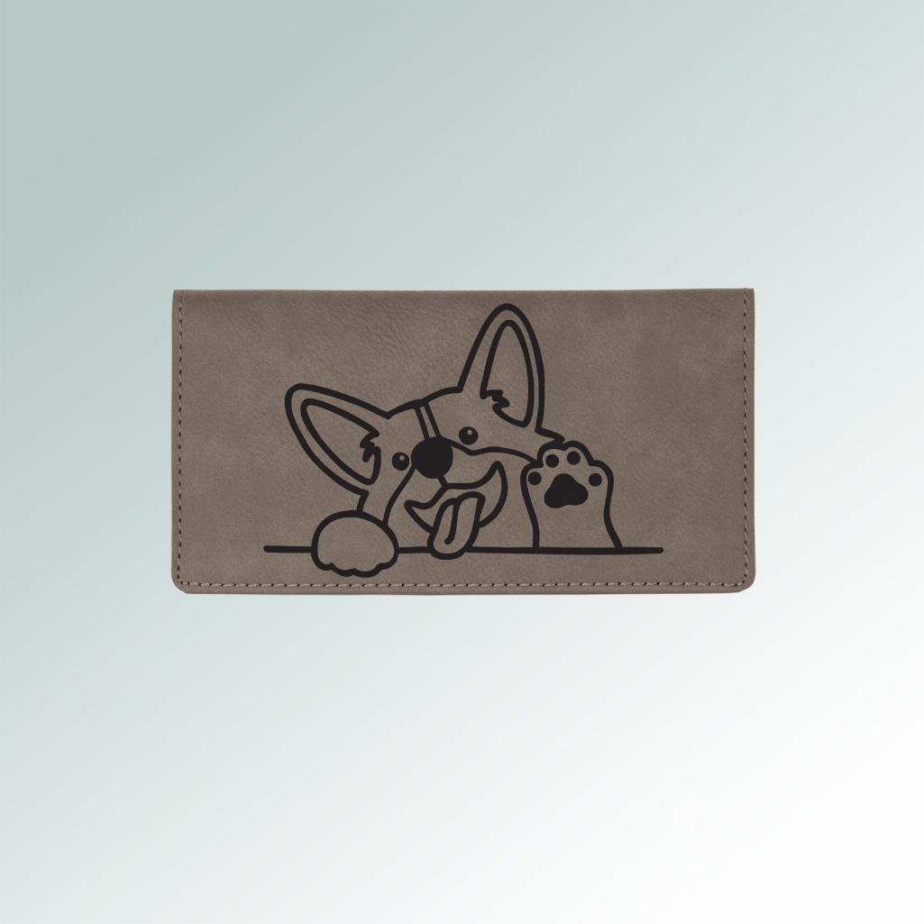 Personalized leatherette corgi checkbook cover with custom engraved Welsh Corgi dog design and text. 100+ corgi designs to choose from.