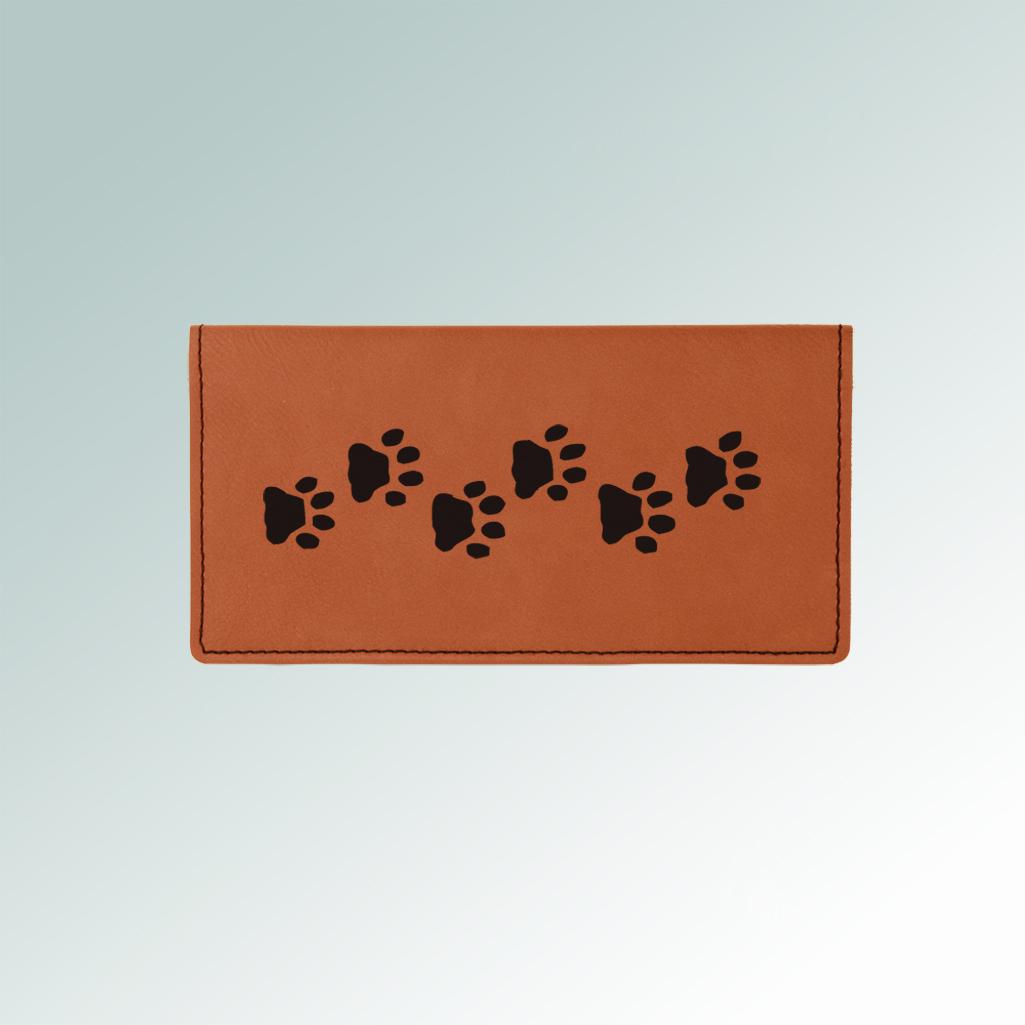Personalized leatherette dog paw checkbook cover with a custom engraved dog paw design and text. 25+ dog paw designs to choose from.