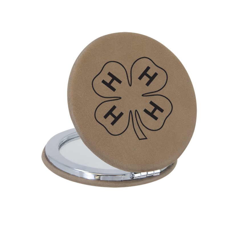 Personalized leatherette compact mirror with custom engraved 4-H logo and engraved text. 4-H Mirror