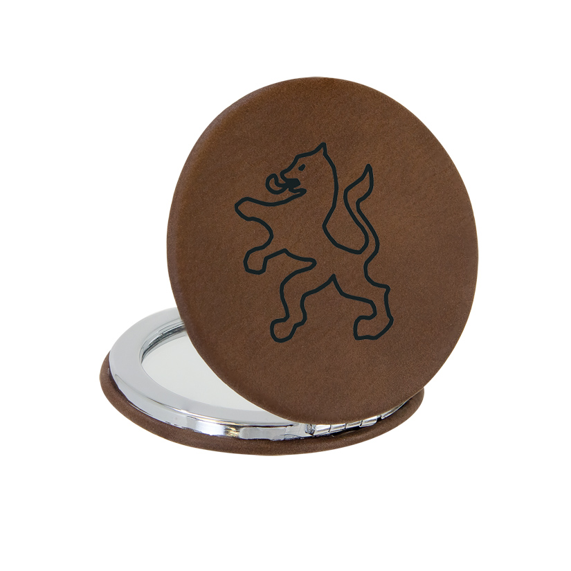 Compact mirror with personalized text and custom engraved horse breed logo..Horse Mirror