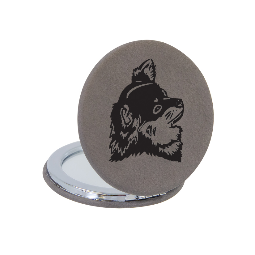 Personalized leatherette compact mirror with custom engraved dog design 4 and engraved text. Dog Compact Mirror