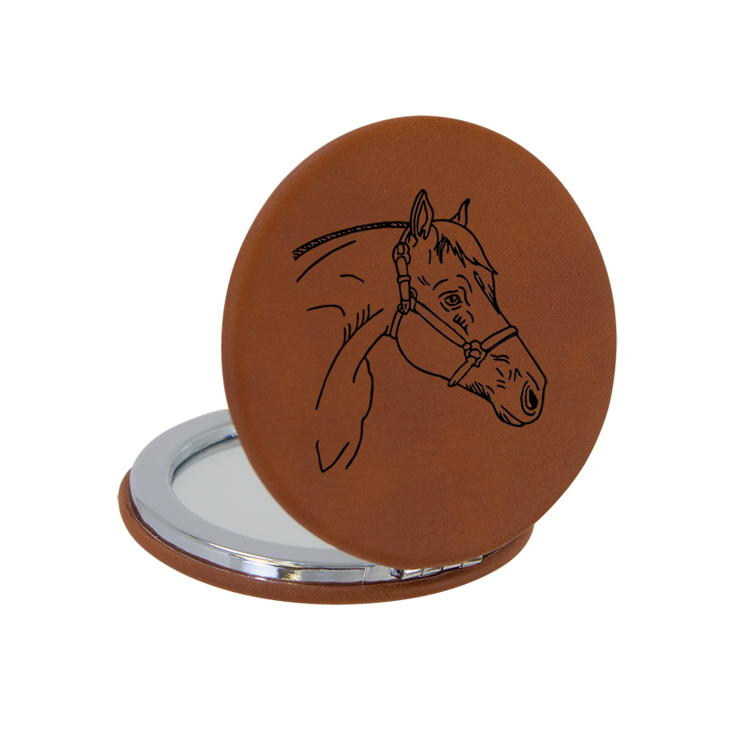 Personalized leatherette compact mirror with custom engraved horse design and engraved text. Equestrian Mirror, Mother's Day Gift