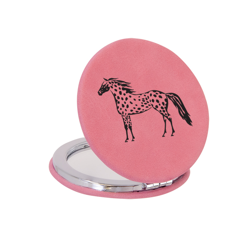 Personalized leatherette compact mirror with custom engraved horse design 3 and engraved text. Equestrian Compact Mirror
