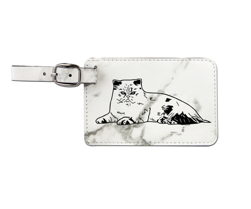Leatherette engraved cat design luggage tag with a white ID information card. Cat Luggage Tag