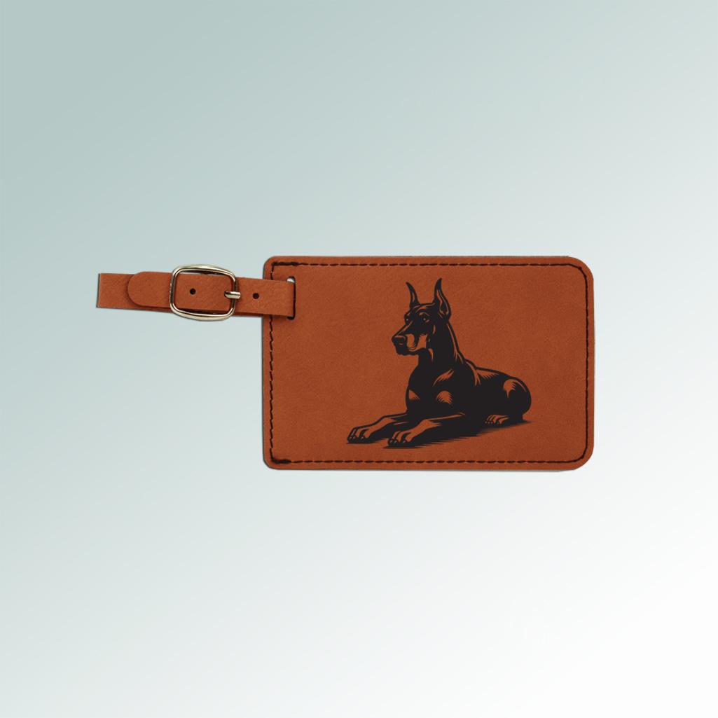 Leatherette engraved doberman luggage tag with an encased white ID information card on the back. 25+ Doberman designs to choose from.