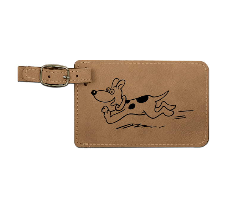 Leatherette engraved dog design 2 luggage tag with a white ID information card. Dog Luggage Tag