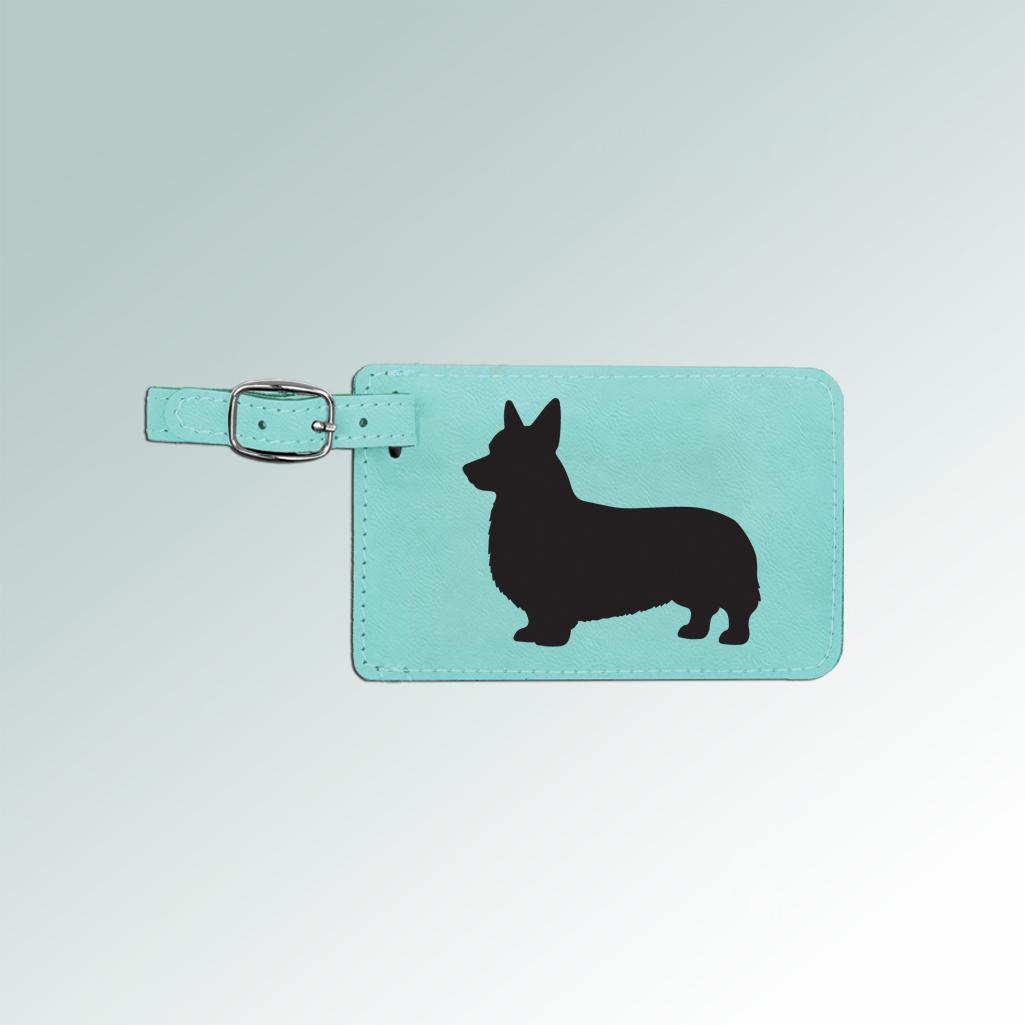 Leatherette corgi luggage tag with an encased white ID information card on the back. 100+ corgi designs to choose from.