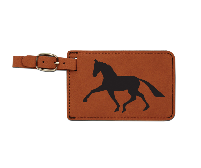 Leatherette engraved horse design luggage tag with a white ID information card. Equestrian Luggage Tag