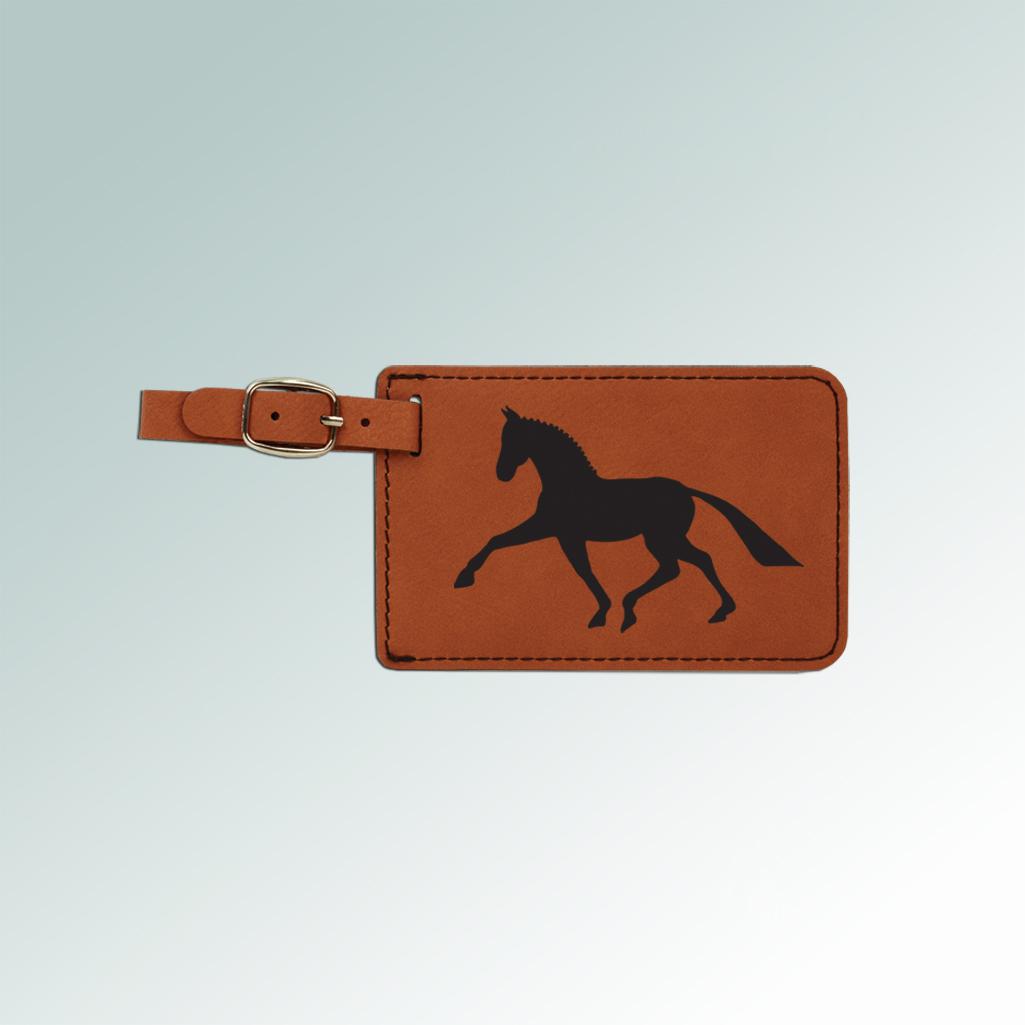Leatherette engraved horse  luggage tag with an encased white ID information card on the back. 145+ horse designs to choose from.